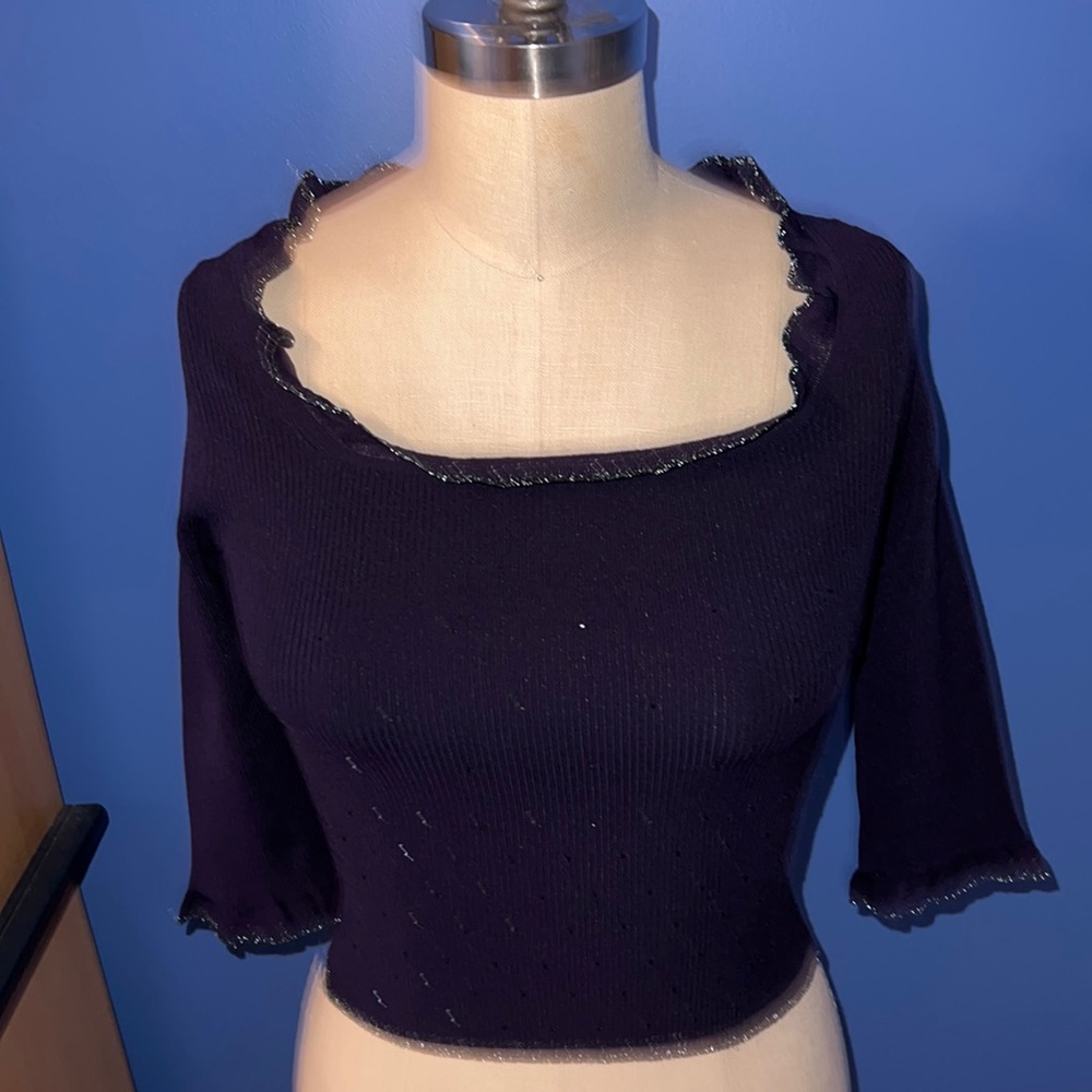 Pretty Essendi Silk Blend Top M Navy with Silver Trim & beads